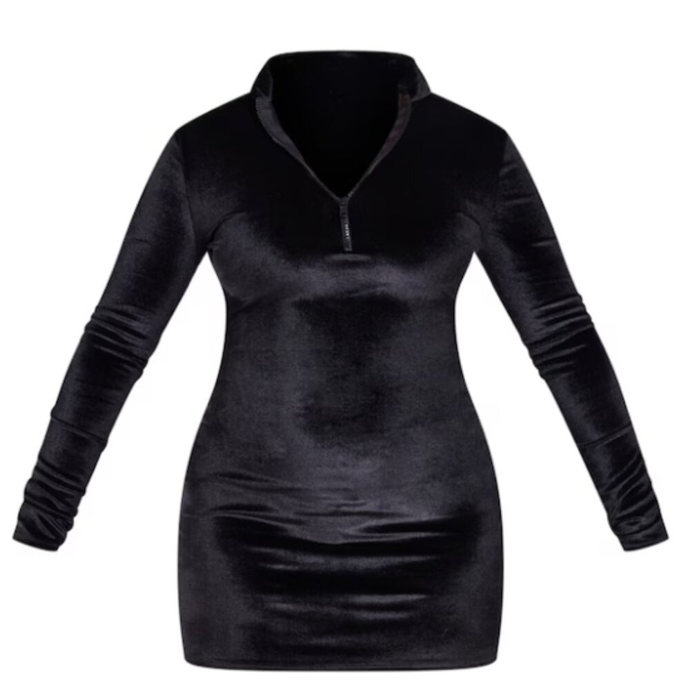 PRETTYLITTLETHING Shape Black Velvet Zip High Neck Bodycon Dress US 10 / UK 14
